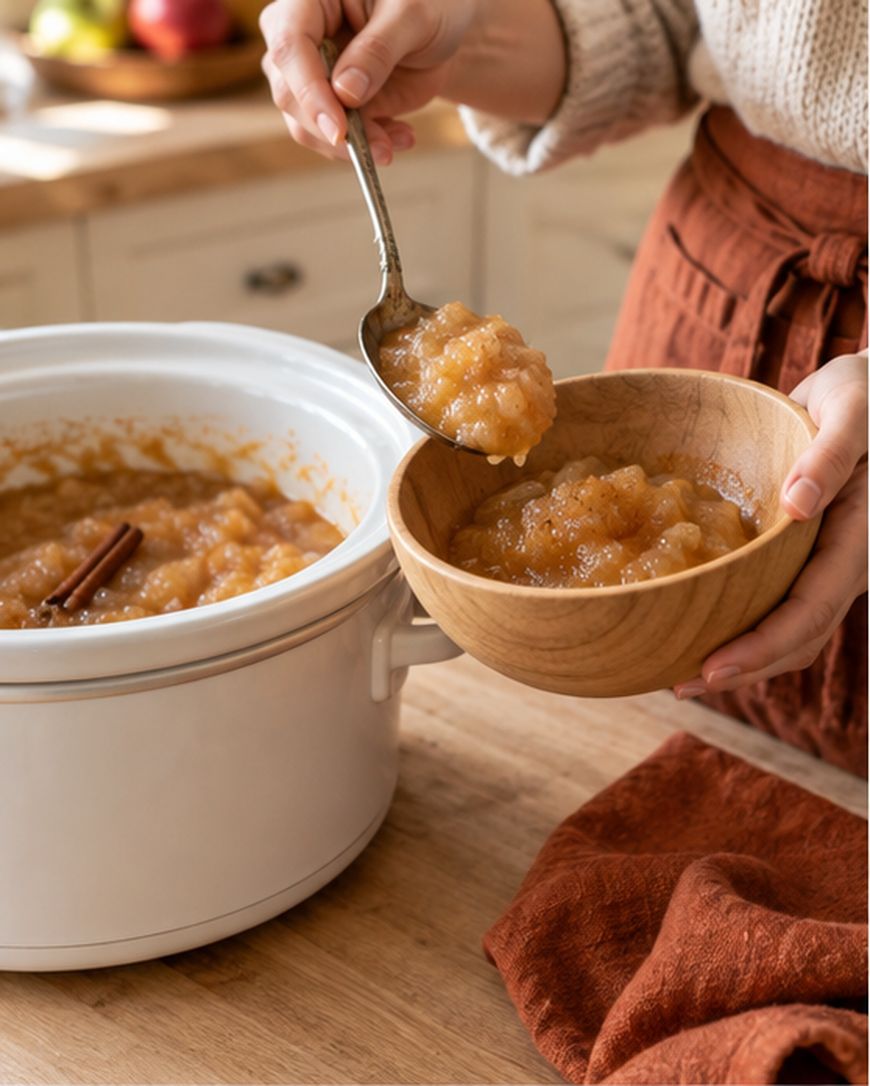 A person serves homemade applesauce from a slow cooker with visible cinnamon sticks into a wooden bowl using a spoon. The setting is a cozy kitchen.