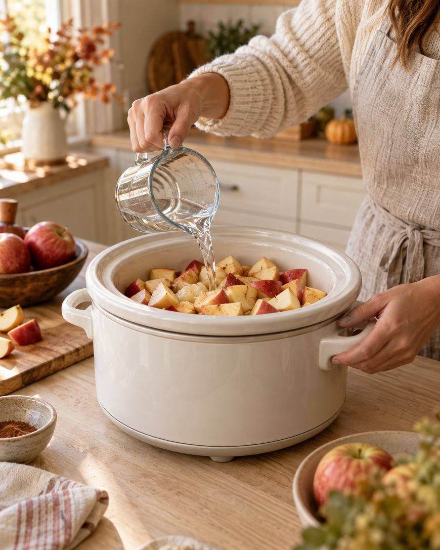 A person pours water from a glass measuring cup into a slow cooker filled with chopped apples on a kitchen counter with apples and spices nearby.