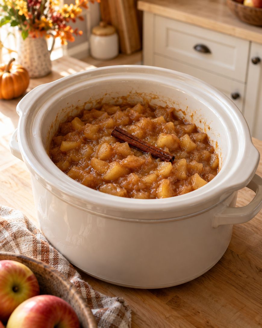 A white slow cooker filled with chunky homemade applesauce topped with cinnamon sticks, sitting on a wooden kitchen counter with apples and autumn decor nearby.