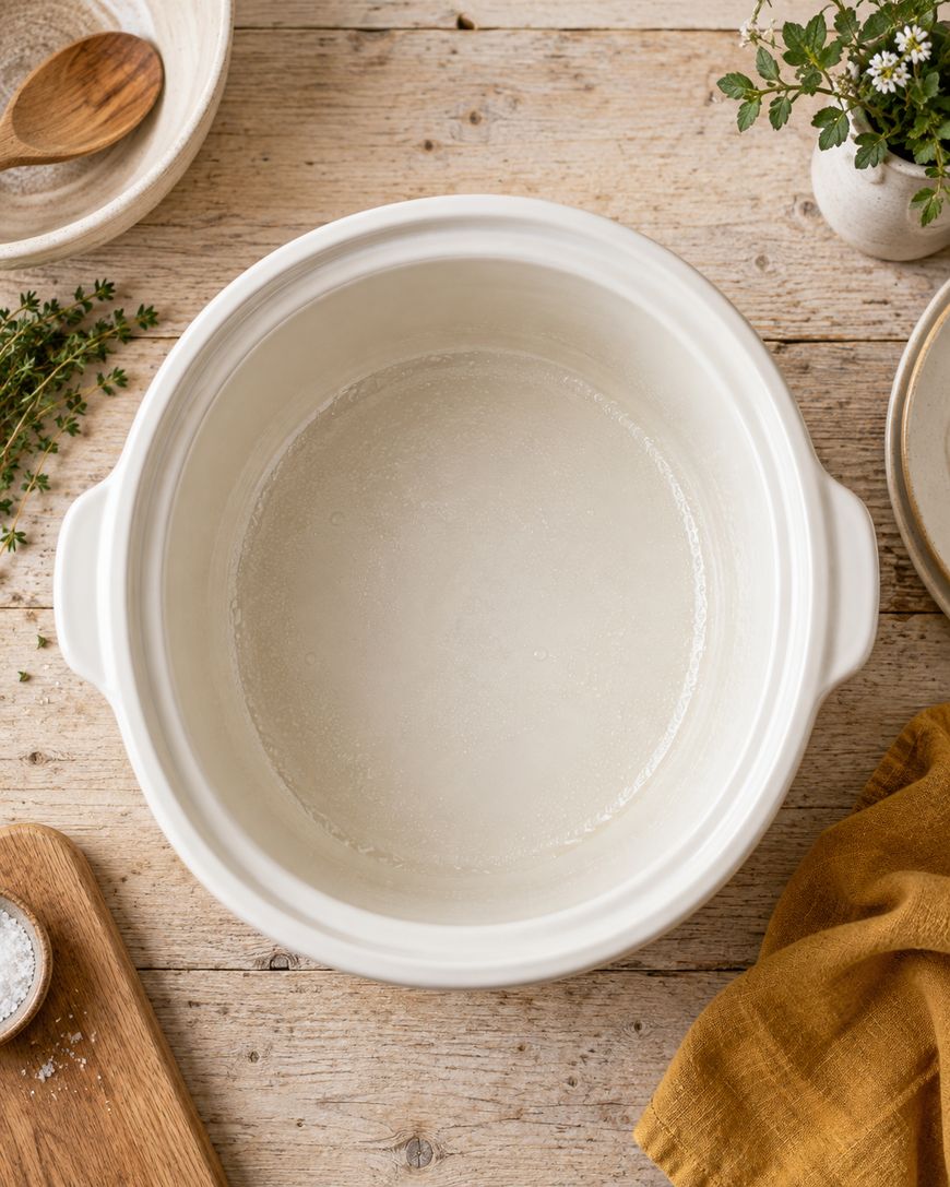 A white ceramic dish sits empty on a wooden table, surrounded by a yellow cloth, fresh herbs, a small bowl of salt, a wooden spoon, and a potted plant.