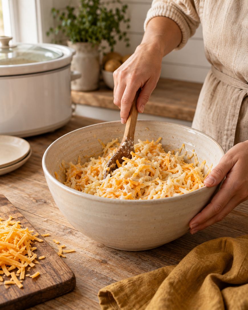 A person mixes shredded cheese and potatoes in a large ceramic bowl with a wooden spoon. A slow cooker, plates, and potted plant are on the wooden kitchen counter nearby.