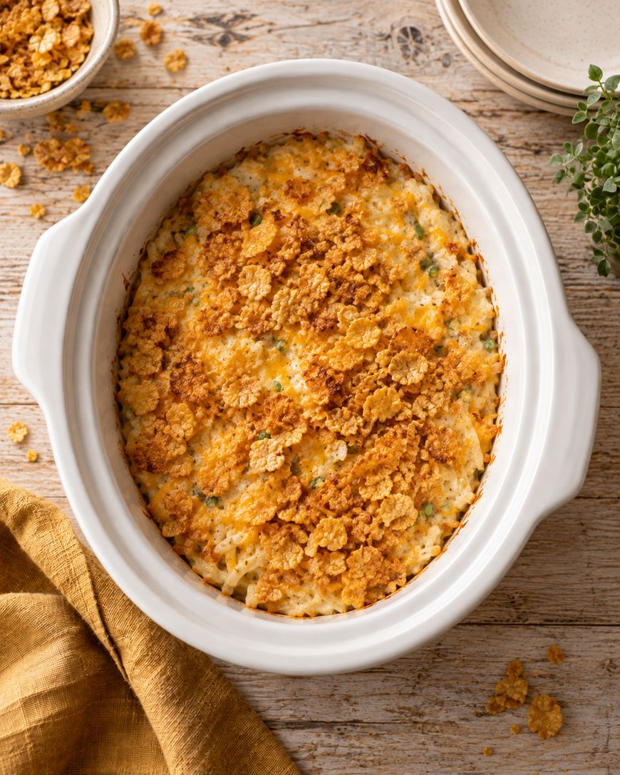 A white casserole dish filled with a baked cheesy casserole topped with a golden, crispy crumb layer, sits on a light wooden table beside a yellow napkin and small plates.