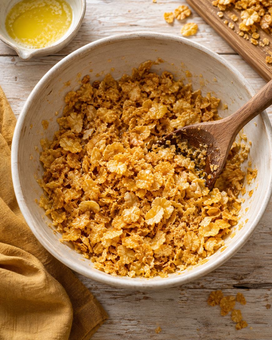 A white bowl filled with crushed cornflakes being mixed with melted butter using a wooden spoon, on a rustic wooden surface with a mustard-yellow cloth nearby.