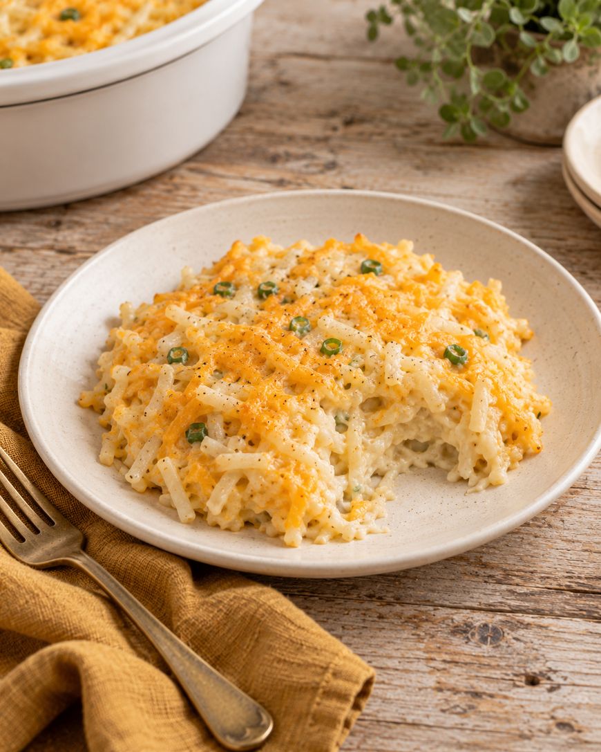 Plate of baked cheesy hash brown casserole topped with melted cheese and green onions on a rustic wooden table, with a fork, napkin, and casserole dish in the background.