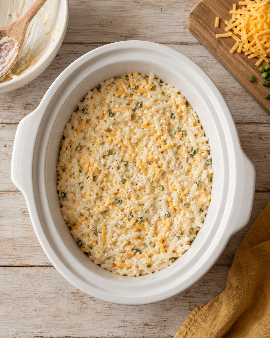 An oval casserole dish filled with an unbaked cheesy hash brown mixture sits on a wooden table, surrounded by shredded cheese, green peas, and a mixing bowl.