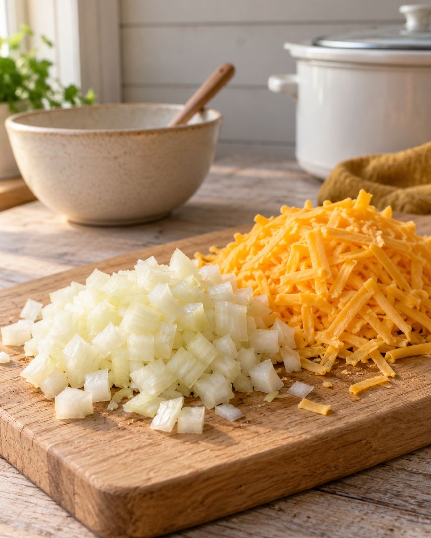 A wooden board with a pile of diced onions and a pile of shredded cheddar cheese. A bowl, crockpot, and a window with sunlight are in the background.