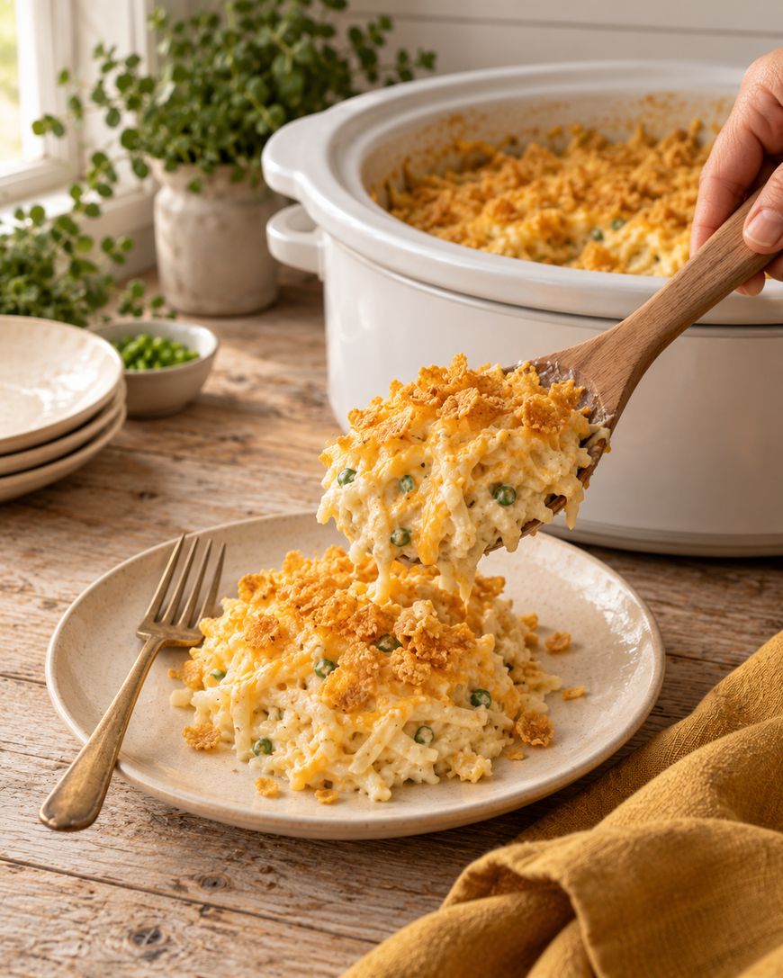 A hand serves a cheesy casserole with peas and a crunchy topping onto a plate, with a fork beside it. A slow cooker and extra plates are in the background.