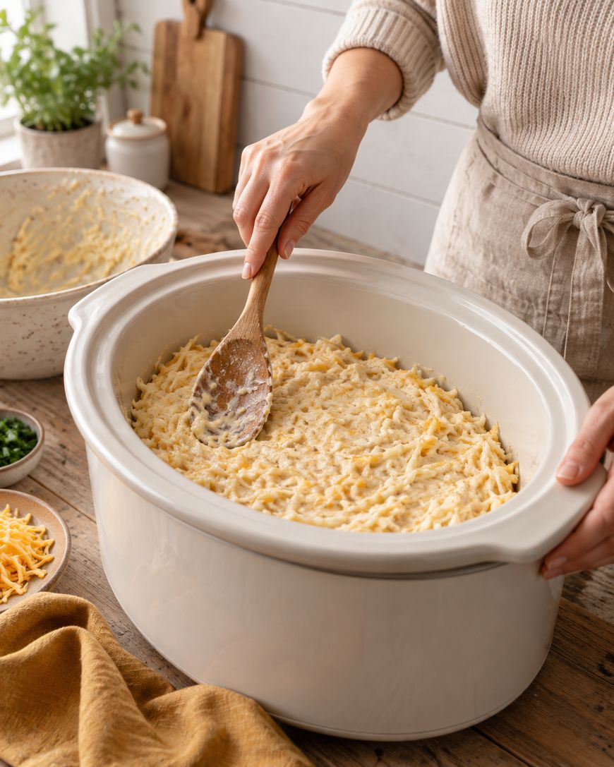 A person spreads a cheesy potato mixture in a slow cooker with a wooden spoon, preparing a casserole. Nearby are bowls with ingredients, and sunlight streams through a window in the background.