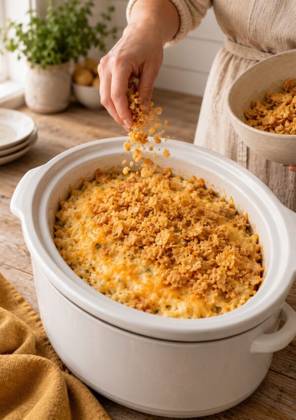 A person sprinkles a golden breadcrumb topping onto a cheesy casserole in a white slow cooker on a wooden table, with plates and a plant in the background.