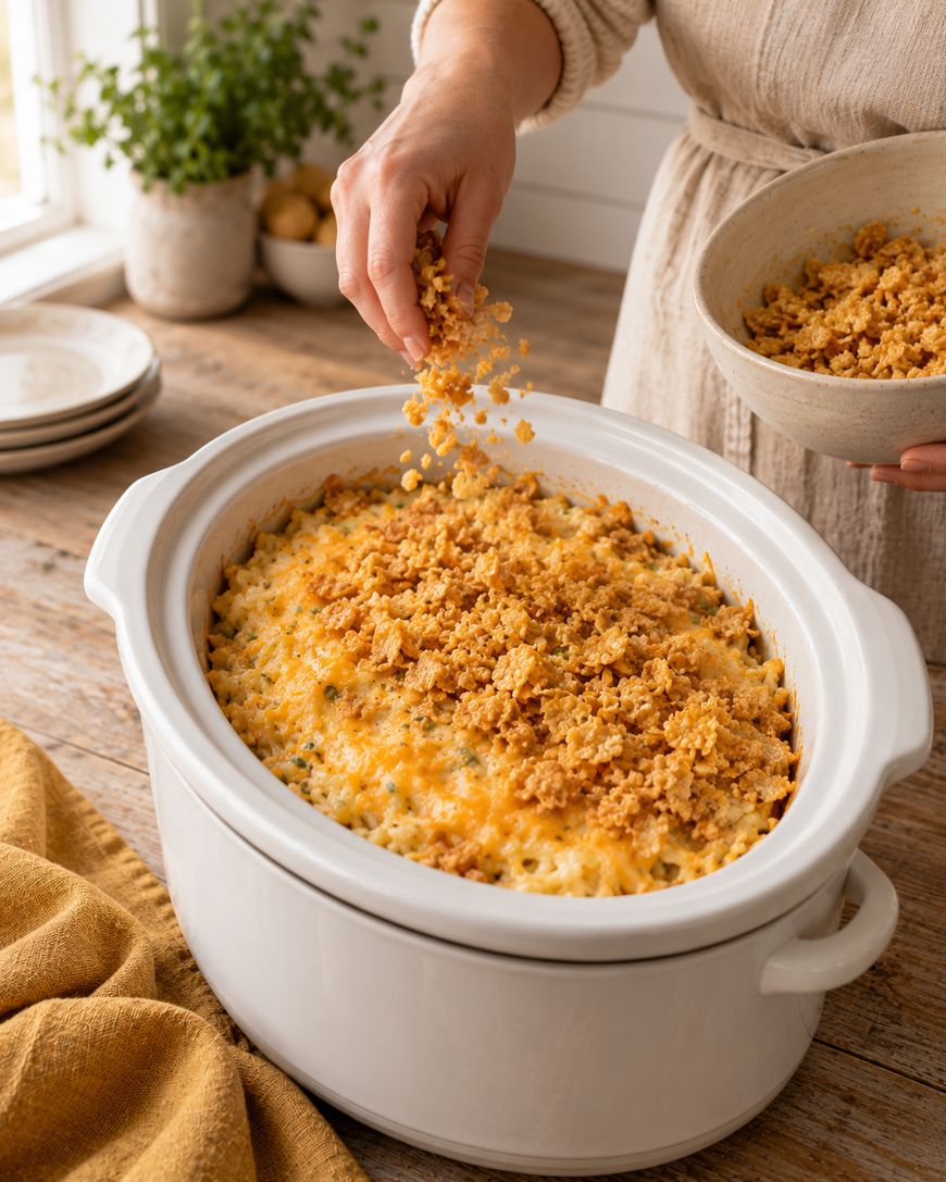 A person sprinkles a golden breadcrumb topping onto a cheesy casserole in a white slow cooker on a wooden table, with plates and a plant in the background.