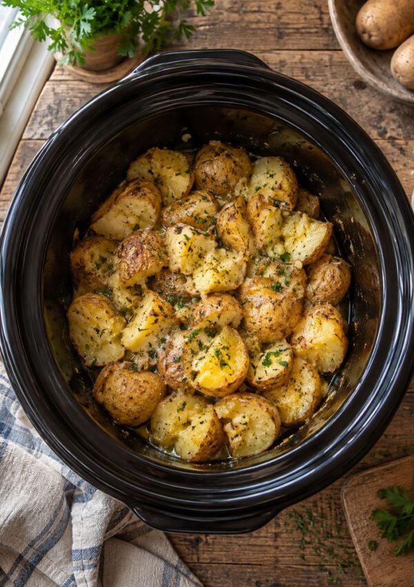 A black slow cooker filled with cooked, seasoned potato halves topped with chopped herbs sits on a wooden table beside a striped cloth and fresh parsley.