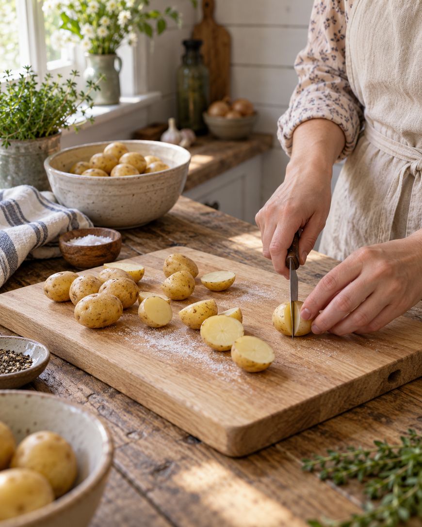 Person in an apron slicing small potatoes on a wooden cutting board in a rustic kitchen, with bowls of potatoes, herbs, salt, and pepper on the wooden countertop. Sunlight streams in through a window.