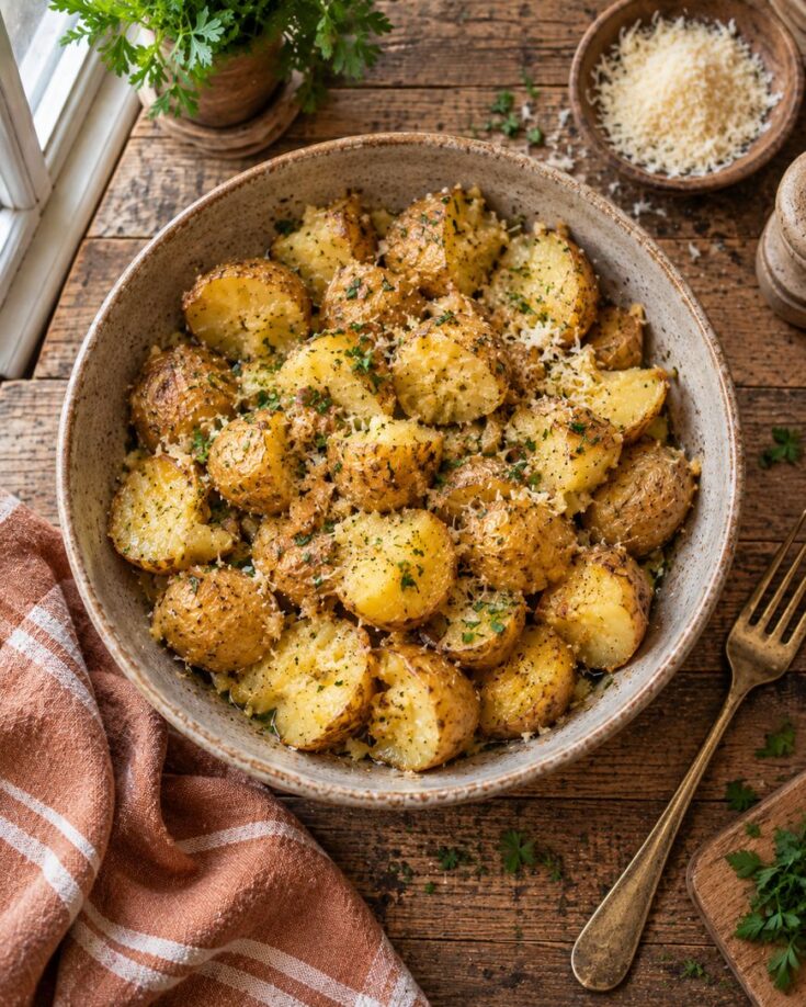 A bowl of roasted baby potatoes topped with grated cheese and chopped herbs sits on a wooden table beside a fork, napkin, small bowl of cheese, and fresh herbs.