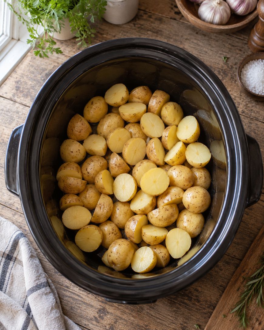 Halved baby potatoes with skins on are placed in a black slow cooker, sitting on a rustic wooden table with herbs, garlic, and salt nearby.