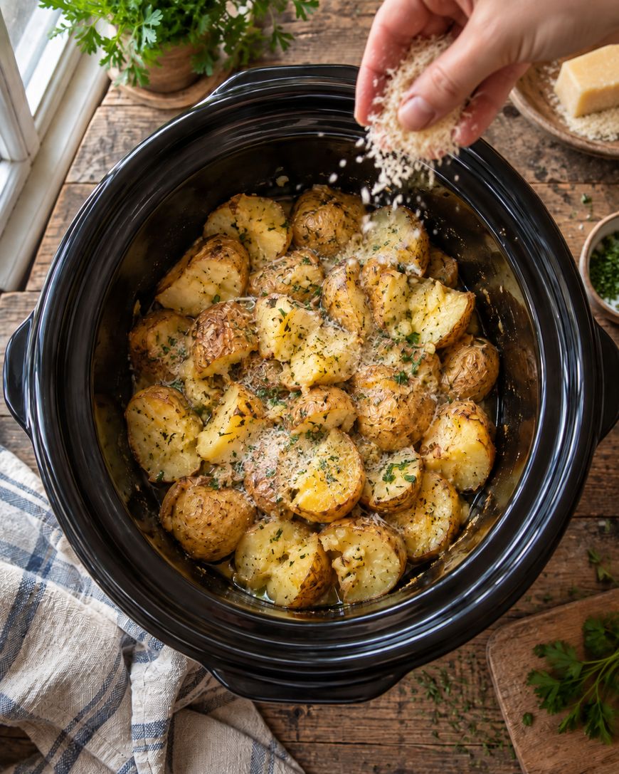 A hand sprinkles grated cheese over cooked, seasoned potatoes in a black slow cooker on a rustic wooden table with a striped cloth nearby.