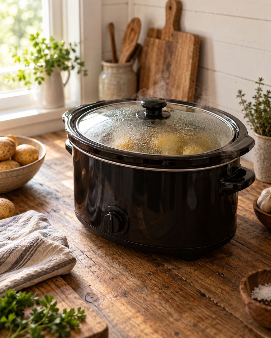 A black slow cooker with a glass lid sits on a rustic wooden kitchen counter surrounded by herbs, potatoes, and cutting boards, with sunlight streaming in through a nearby window.