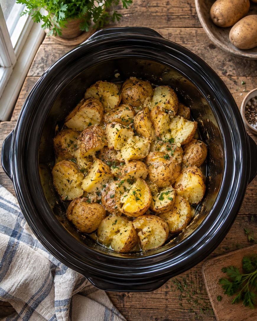 Round potatoes, halved and seasoned with herbs, are cooked in a black slow cooker. The scene includes rustic wood, fresh parsley, a cloth napkin, and a bowl of pepper nearby.