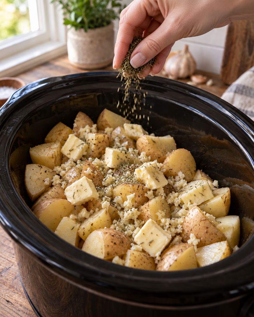 A hand sprinkles herbs over chopped potatoes topped with butter and cheese in a slow cooker, set on a wooden countertop near a window with a potted plant.