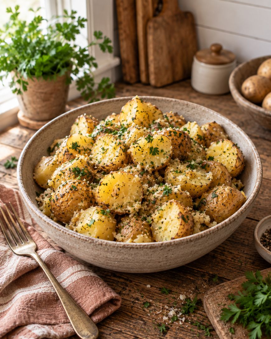 A bowl of cooked, halved baby potatoes topped with chopped herbs and grated cheese sits on a rustic wooden table, surrounded by kitchen utensils and potted greens.