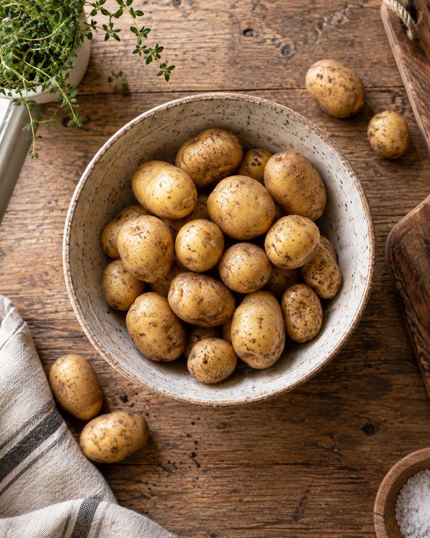 A bowl filled with unwashed baby potatoes sits on a wooden table, surrounded by a striped cloth, a few loose potatoes, and a small potted herb.