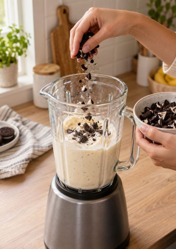 A person sprinkles crushed cookies into a blender filled with a creamy mixture, preparing a cookie milkshake in a bright kitchen.