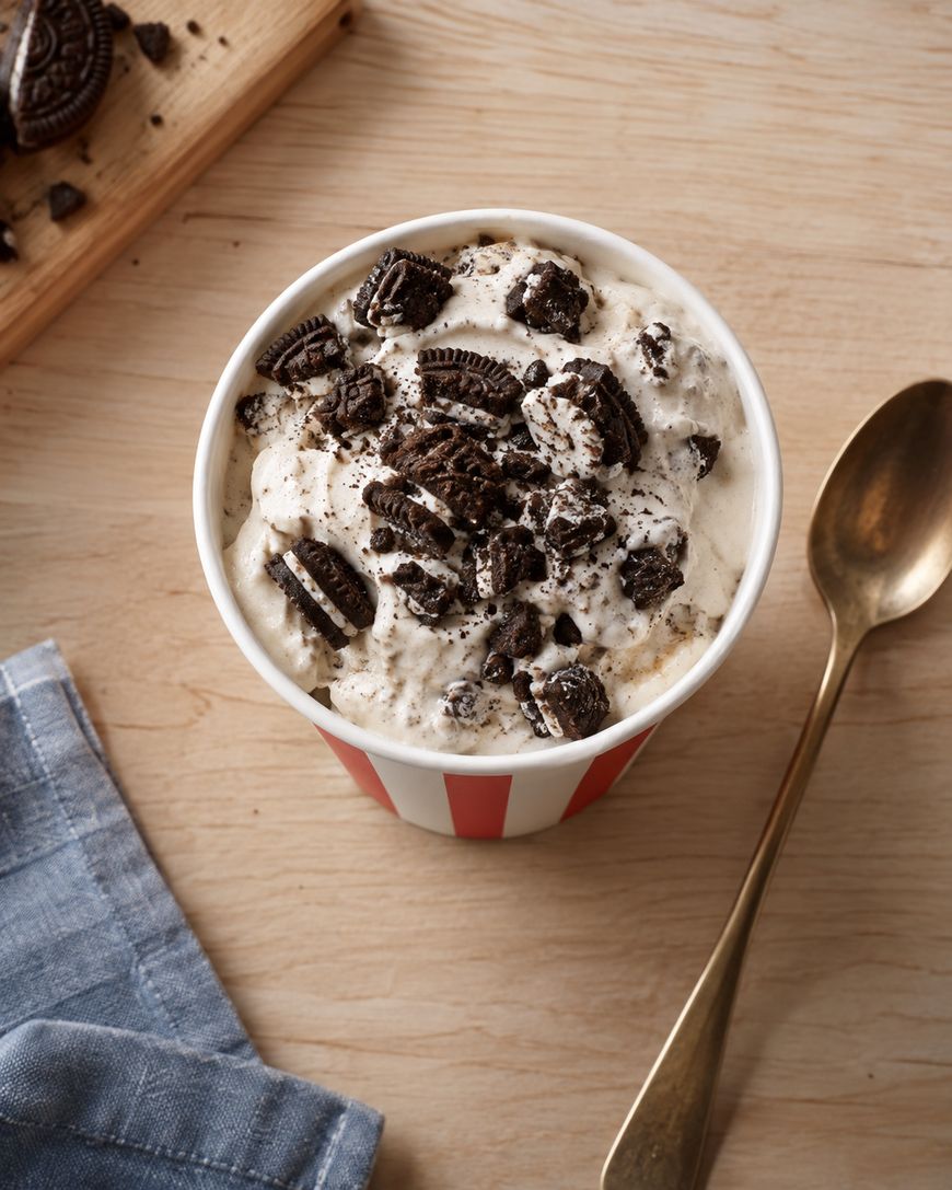 A cup of cookies and cream ice cream topped with crushed chocolate cookies sits on a wooden table beside a gold spoon and a blue cloth napkin.