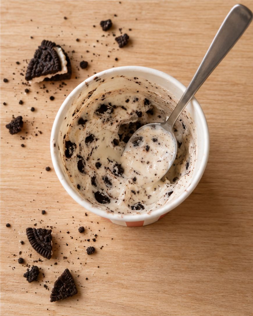 A mostly-empty cup of cookies and cream ice cream sits on a wooden table, with a spoon inside and several broken cookie pieces and crumbs scattered around.