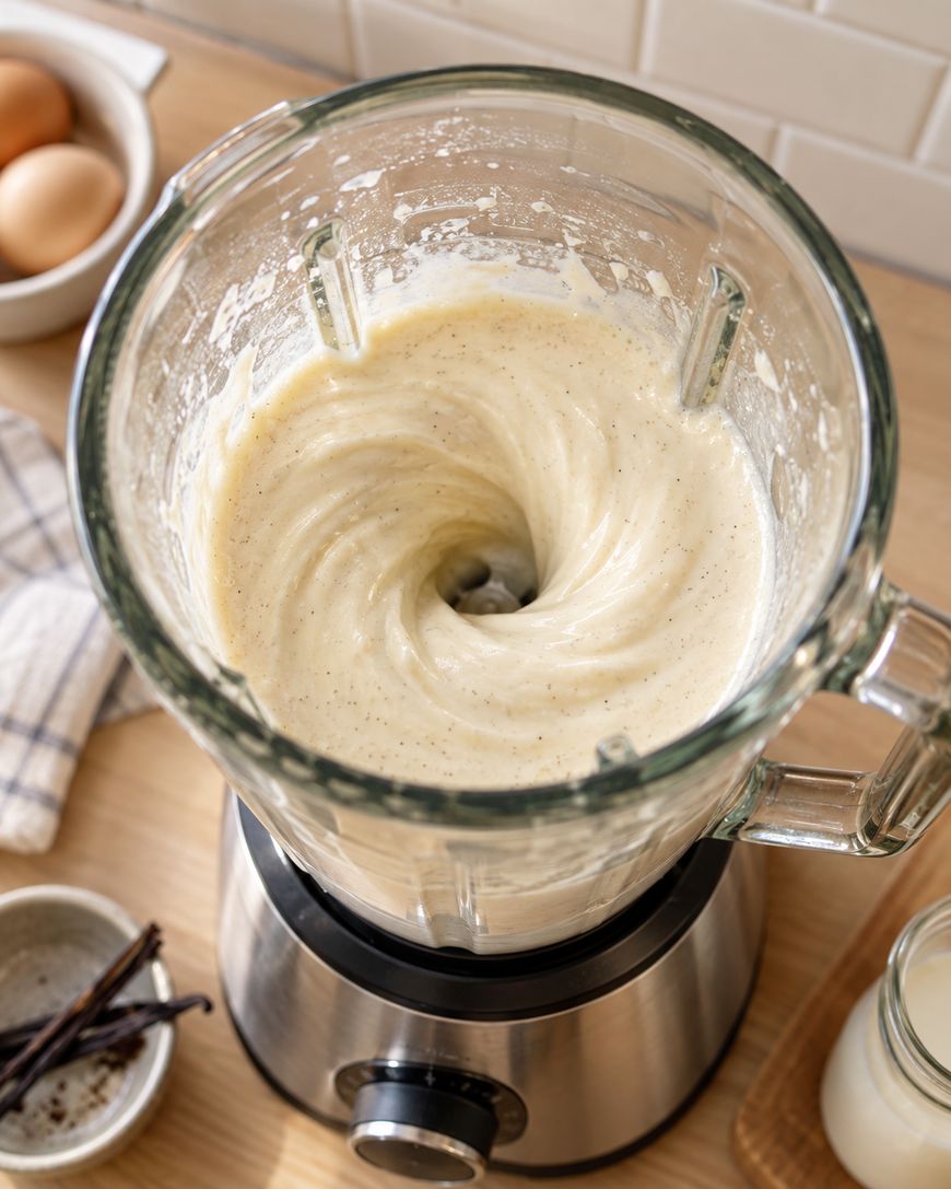A blender filled with creamy, light batter is mixing on a kitchen counter. Nearby are eggs, a dish with vanilla beans, a cloth, and other baking ingredients.