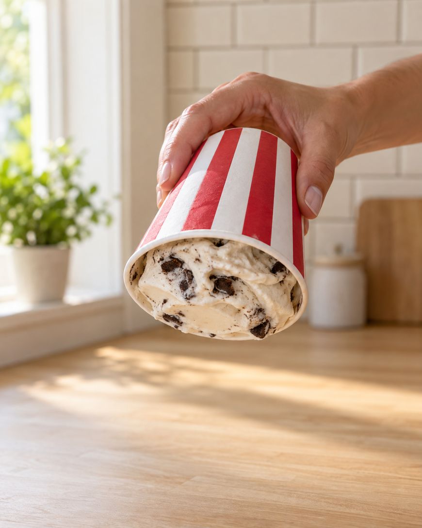 A hand holds an upside-down red-and-white striped cup filled with cookies and cream ice cream above a wooden kitchen counter with a potted plant in the background.