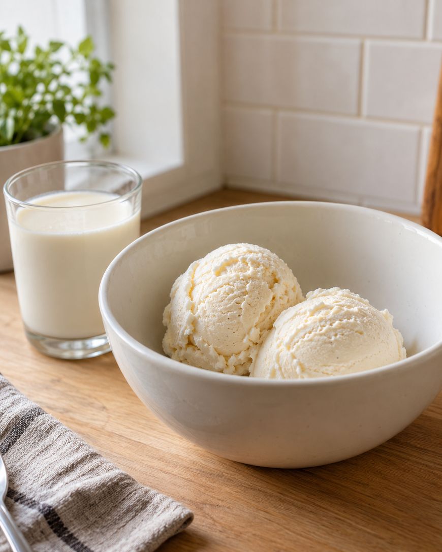 A white bowl with two scoops of vanilla ice cream sits on a wooden counter next to a glass of milk. A striped cloth and a plant in a pot are nearby, with a bright window in the background.
