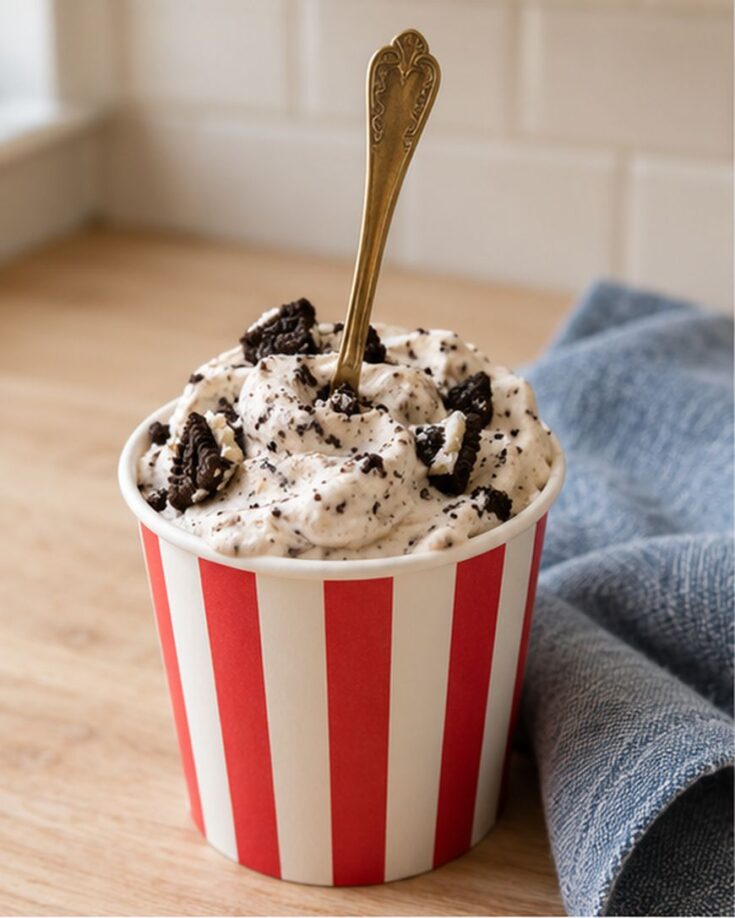 A red and white striped cup filled with cookies and cream ice cream, topped with cookie pieces and a decorative spoon, sits on a wooden surface beside a blue cloth.