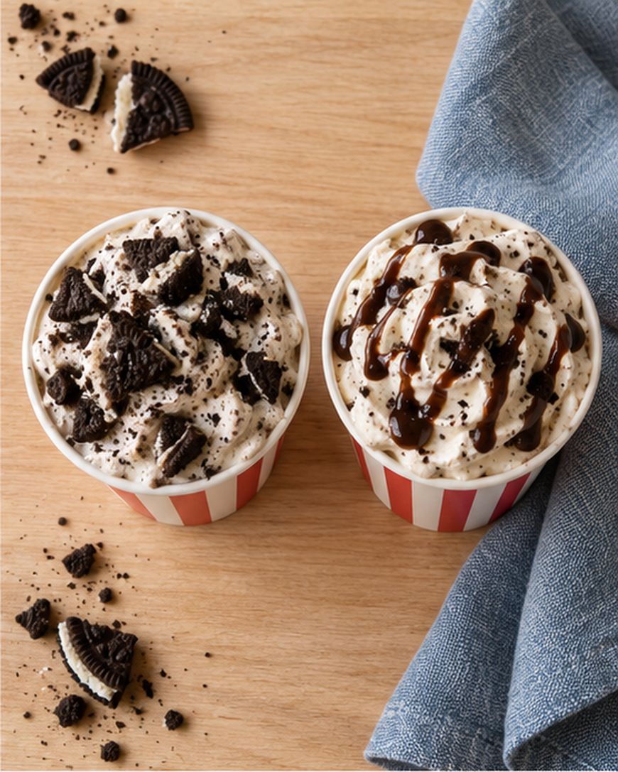 Two cups of cookies and cream ice cream sit on a wooden surface. One is topped with crushed cookies, the other with chocolate syrup. A blue napkin and extra cookie pieces are nearby.