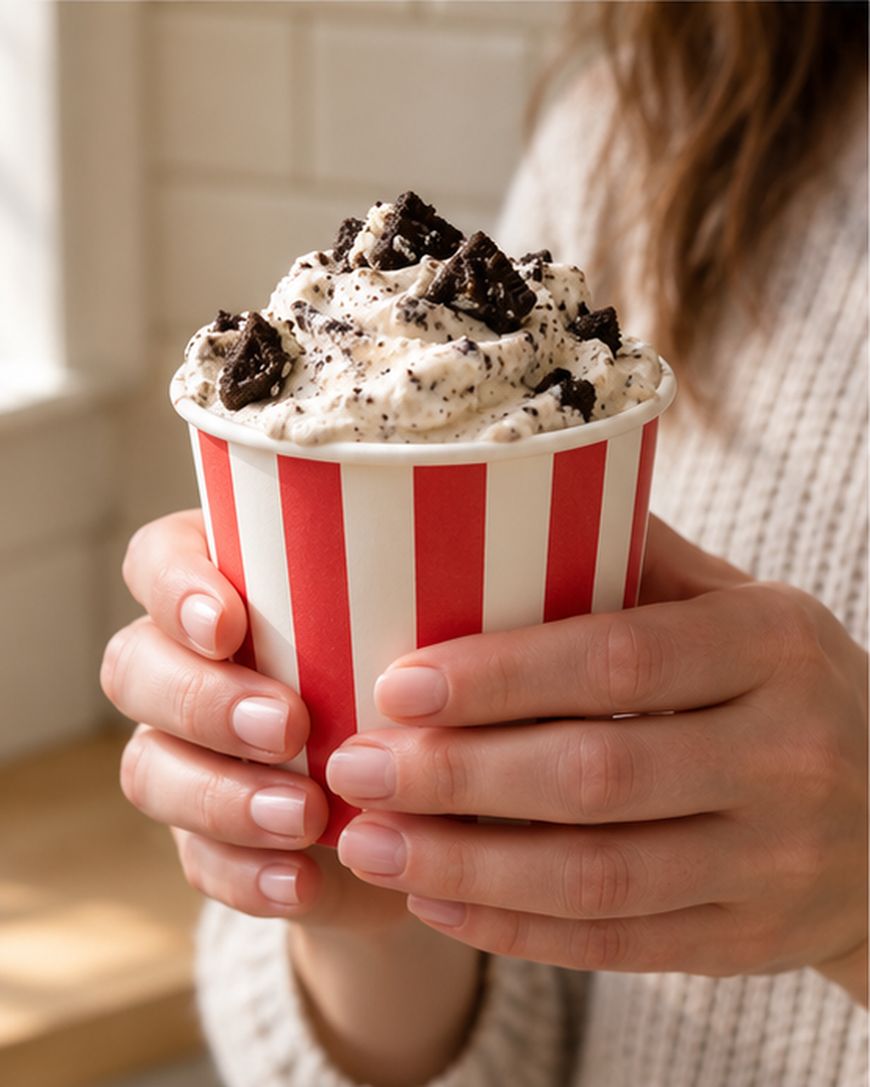 A person holding a red-and-white striped cup filled with cookies and cream ice cream, topped with crushed chocolate cookies.