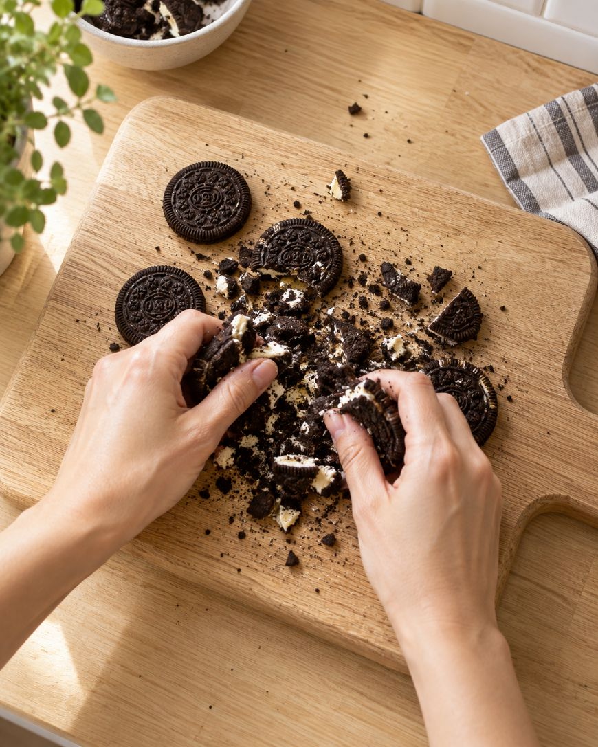 Two hands crush chocolate sandwich cookies on a wooden cutting board, breaking them into crumbs. A bowl of cookies, a striped towel, and a potted plant are nearby on the light wood surface, illuminated by sunlight.
