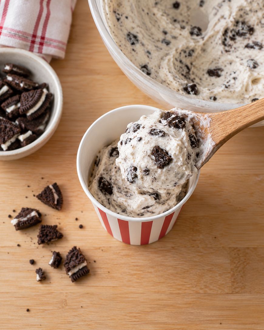 Cookies and cream ice cream is being scooped into a red-striped cup with a wooden spoon. A bowl of ice cream, broken chocolate sandwich cookies, and a red-striped towel are on the wooden surface.