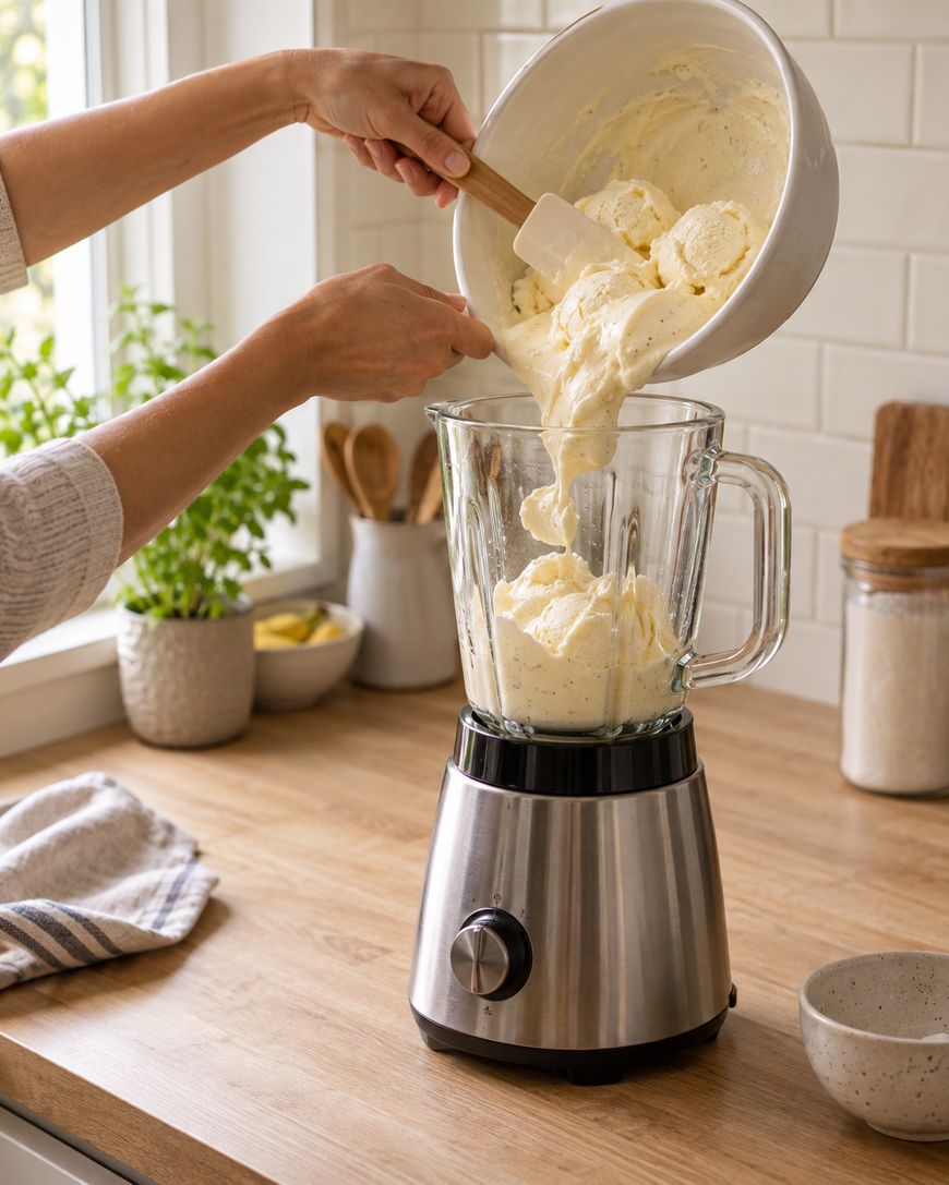 A person uses a spatula to pour a creamy mixture from a bowl into a glass blender jar, set on a kitchen counter with potted herbs and utensils in the background.