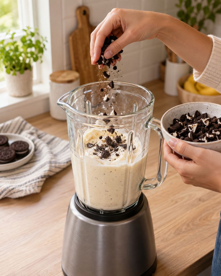 A person sprinkles crushed chocolate cookies into a blender filled with a creamy mixture; a plate of whole cookies and a bowl of crushed cookies are on the counter nearby.