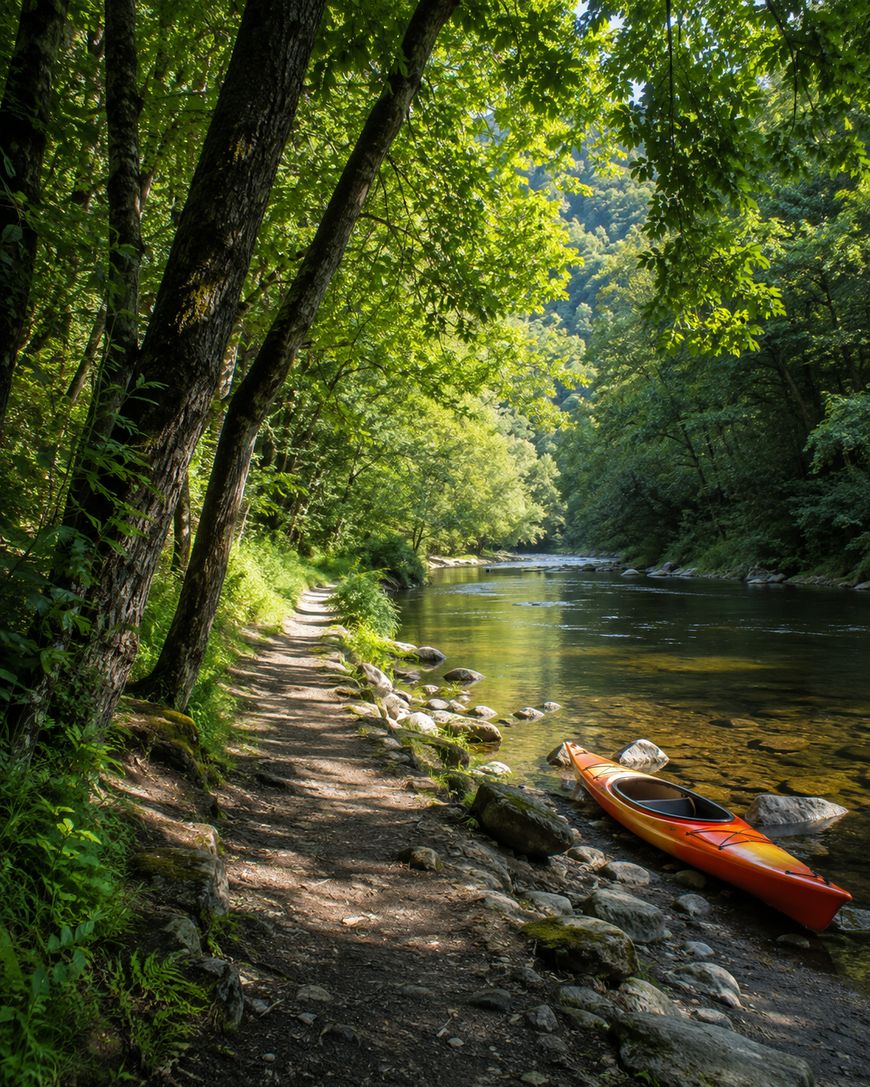 A dirt path runs alongside a calm river shaded by tall green trees. An orange kayak rests on rocks beside the water under dappled sunlight.