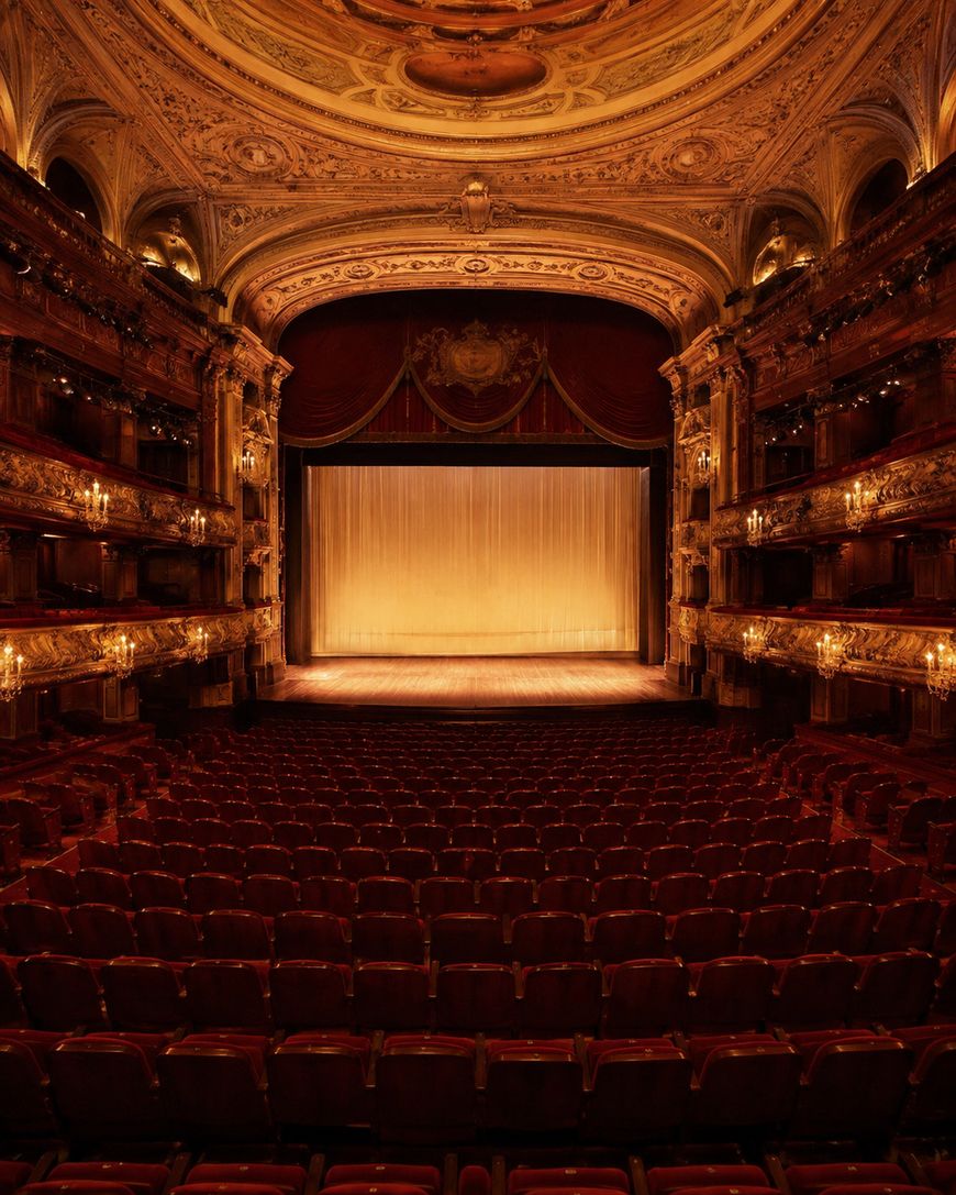 Lavishly decorated, empty theater with red velvet seats, ornate golden balconies, and a warmly lit stage with a closed curtain under an intricate domed ceiling.
