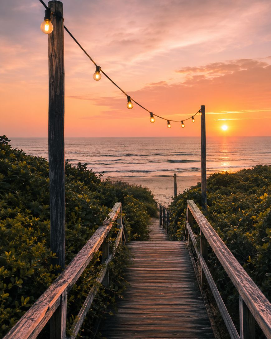 Wooden stairs lead to a beach at sunset, with string lights hanging above and the ocean visible in the background. The sky is orange and pink, with some clouds.
