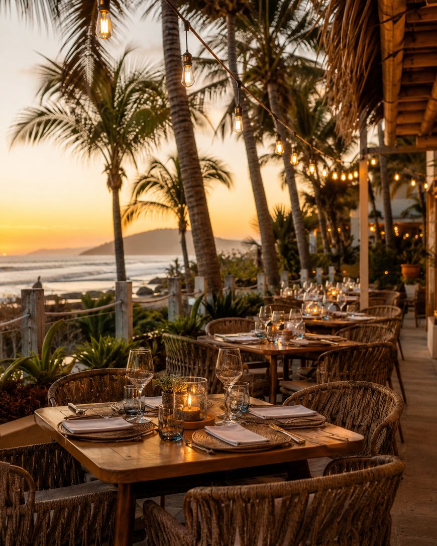 Outdoor seaside restaurant at sunset with palm trees, string lights, set tables with glasses and napkins, and a view of the ocean and mountains in the background. Warm, inviting ambiance.