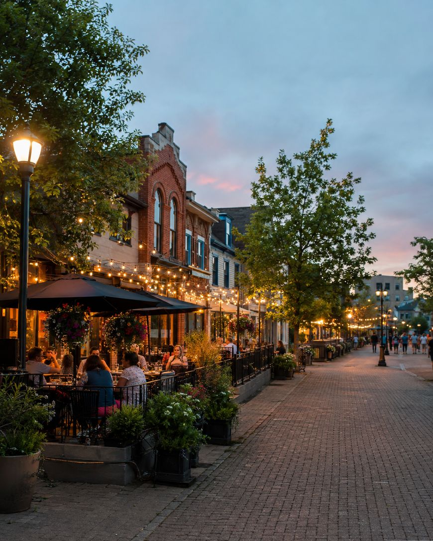Outdoor restaurant patio with people dining under string lights at sunset, surrounded by greenery and historic brick buildings along a pedestrian street.