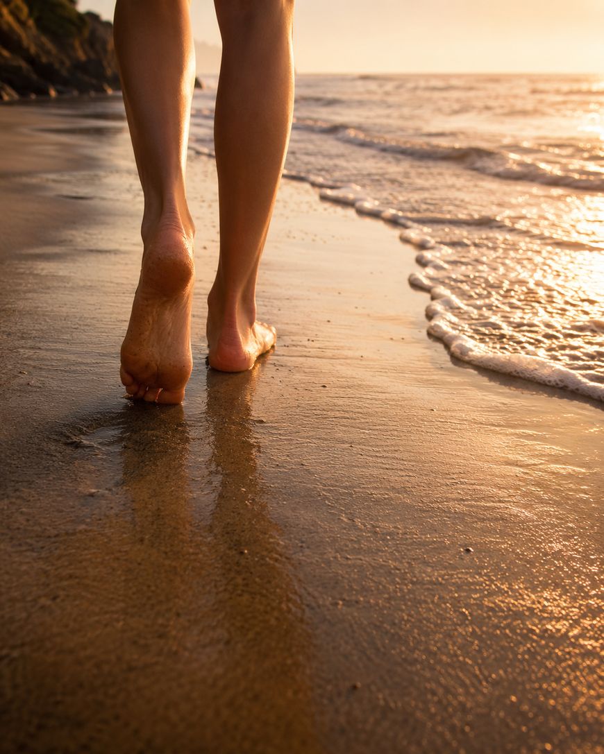 Bare feet walking along a sandy beach at sunset, with gentle waves washing ashore and warm golden light reflecting on the wet sand.