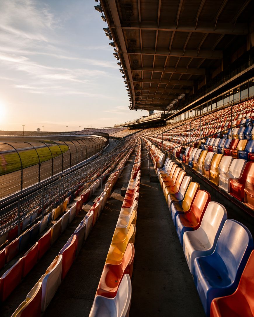 Rows of empty red, white, and blue stadium seats curve alongside a racetrack under a large roof, with sunlight casting long shadows across the seating area.