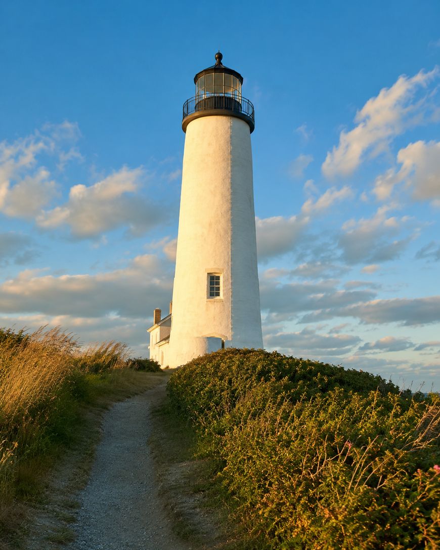 A tall white lighthouse stands on a grassy hilltop under a blue sky with scattered clouds, illuminated by golden sunlight. A narrow dirt path leads up to the lighthouse through the green bushes.