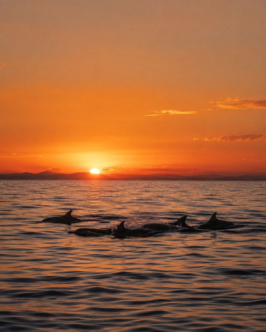 A group of dolphins swim at the oceans surface during a vibrant orange sunset, with the sun low on the horizon and calm waves reflecting the skys colors.