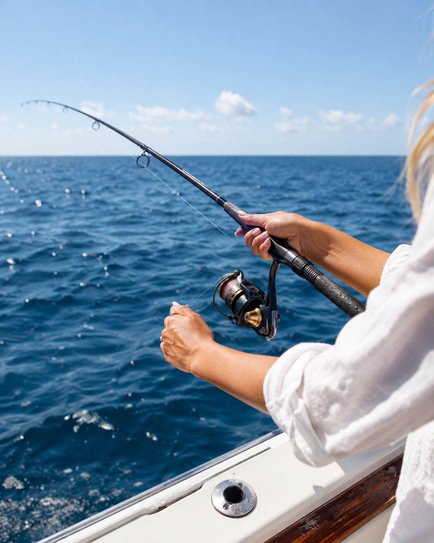 A person wearing a white shirt is holding a fishing rod over the side of a boat on a sunny day, with the blue ocean and sky in the background.
