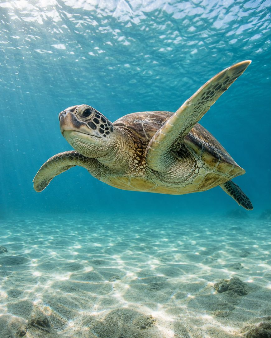 A sea turtle swims gracefully underwater above a sandy ocean floor, with sunlight streaming through clear blue water.