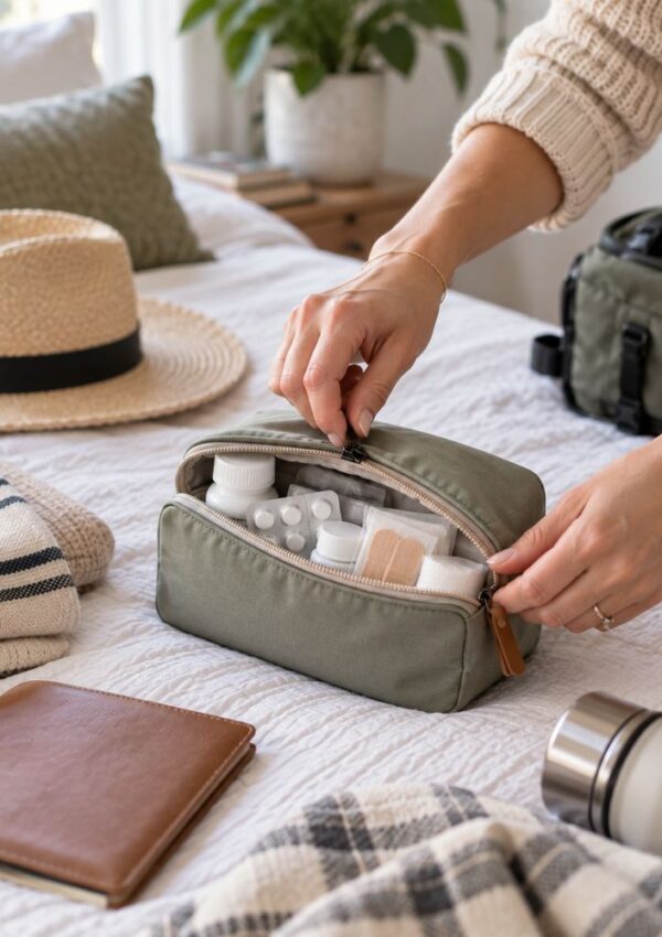 A person packs a green toiletry bag with travel-sized bottles and bandages on a bed alongside a hat, striped scarf, brown notebook, and a thermos.