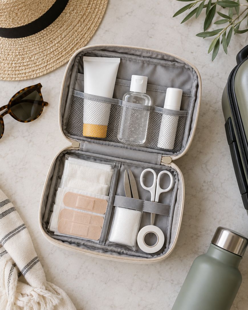 An open travel kit containing bandages, scissors, tape, nail clippers, small bottles, and gauze. Surrounding items include sunglasses, a hat, a scarf, an olive branch, a water bottle, and part of a suitcase.